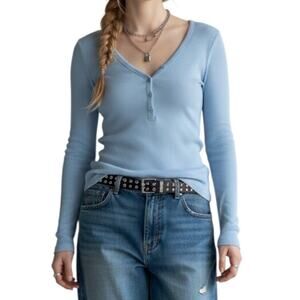 Y2K Baby Blue Ribbed Henley V-Neck Fitted Long Sleeve Top M